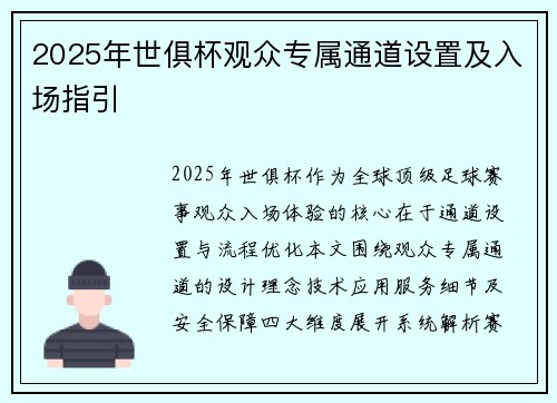 2025年世俱杯观众专属通道设置及入场指引